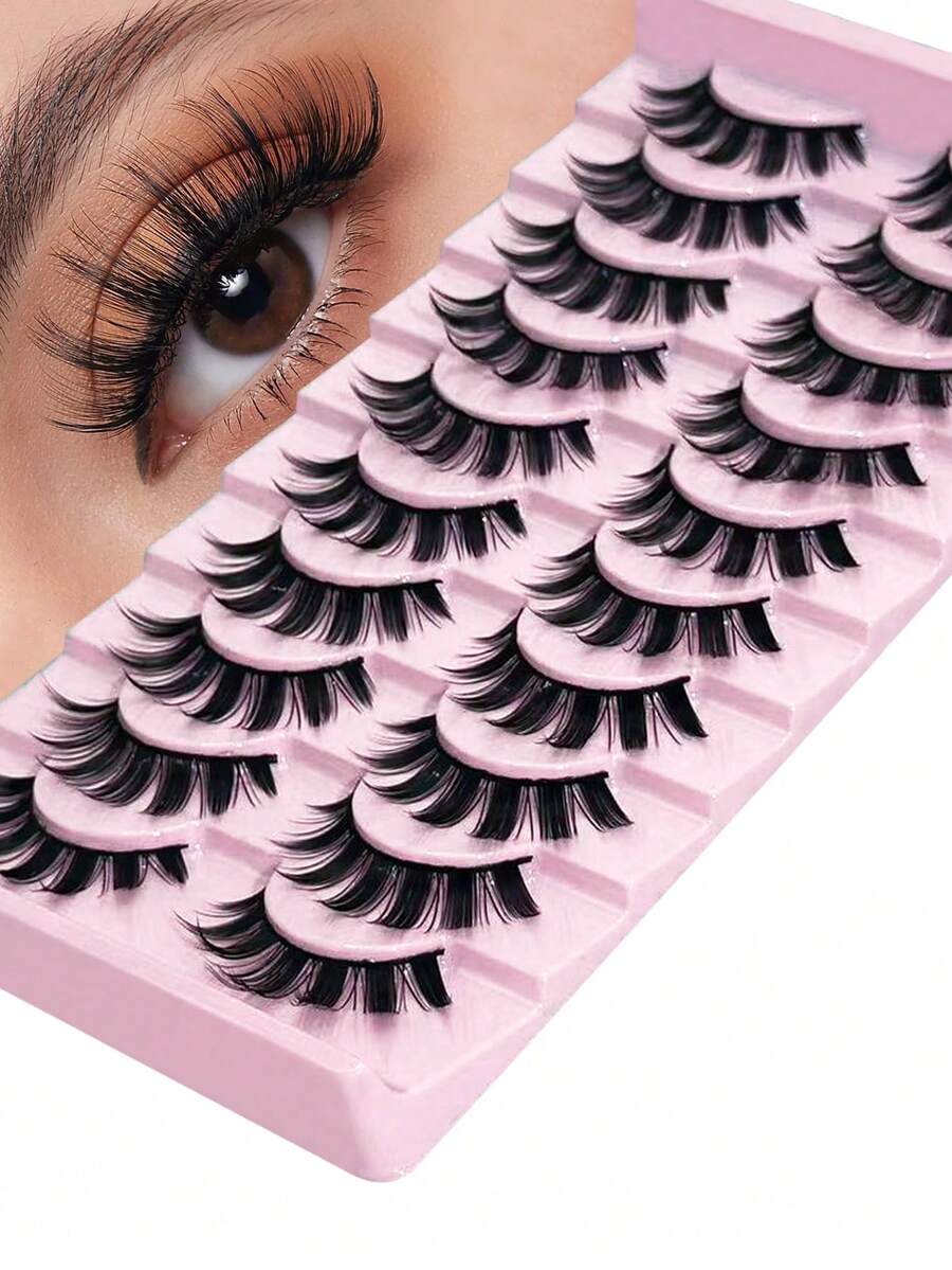 10 对动漫猫眼蓬松假睫毛，欧式风格，多件装，可重复使用，D 卷，超浓密，适合派对的专业化妆，戏剧眼妆，初学者也适用 - 黑色 - 查看 1