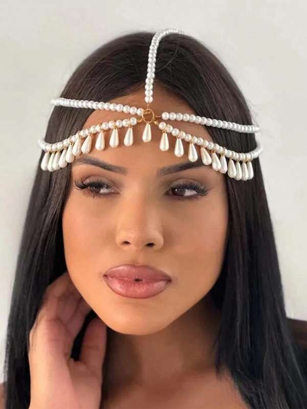 1pc Bride Water Drop Pearl Hair Chain Exotic Tassel Headdress Hair Accessories For Women