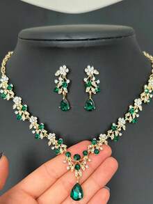Gorgeous Imitation Emerald Cubic Zirconia Jewelry Set Golden Bridal Necklace Earrings Set Wedding Engagement Jewelry - Vàng - Xem 3