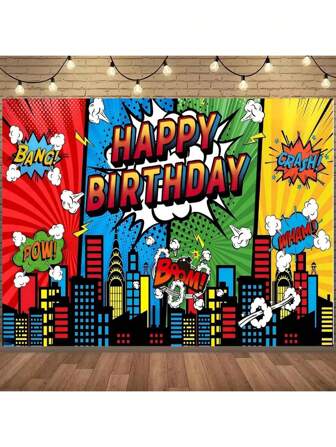 1pc Durable Polyester Superhero City Landscape Photography Backdrop, Cartoon Style Architecture Scene, Birthday Party Photo Background, Birthday Banner Decor, Photo Booth Studio Props, Party Decorations, Birthday Decor