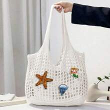 Starfish Pattern Hollow-Out Solid Color Large Capacity Tote Bag, Adorable Marine Life Mermaid, Seashell, Jellyfish Pattern Sequin Embroidery Sequins Decoration Summer Beach Bag, Mesh Multi-Functional Commuter Bag, Crochet Hobo Bag, Y2K Shoulder Bag, Gift For Women, Suitable For Leisure, Vacation, Beach