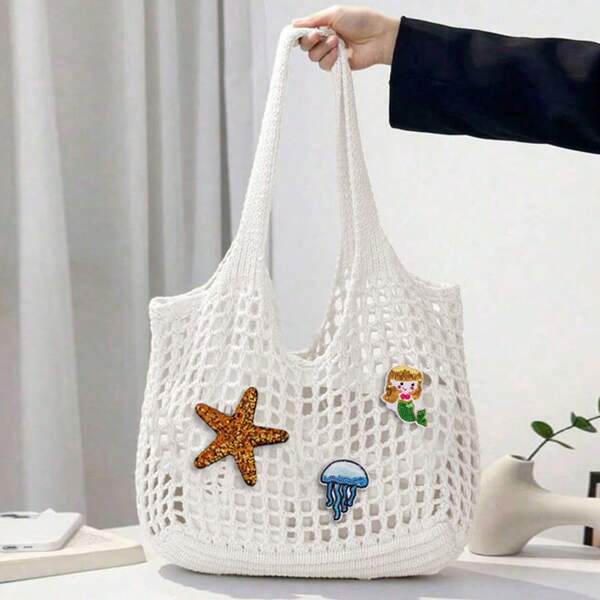 Starfish Pattern Hollow-Out Solid Color Large Capacity Tote Bag, Adorable Marine Life Mermaid, Seashell, Jellyfish Pattern Sequin Embroidery Sequins Decoration Summer Beach Bag, Mesh Multi-Functional Commuter Bag, Crochet Hobo Bag, Y2K Shoulder Bag, Gift For Women, Suitable For Leisure, Vacation, Beach