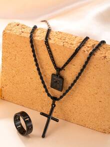 18K Gold Plated Exaggerated Hip-Hop Jewelry Set: 3pcs Stainless Steel Cross Pendant Necklace, Matching Bracelet And Ring - 3pcs - View 8