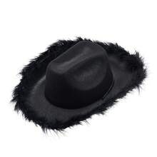 Womens Cowboy Hat, Adult Solid Color Furry Trim Wide Brim Hat Female Cap For Dating Party - Black - View 6