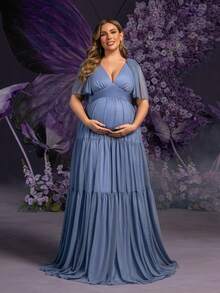 Faeriesty Dressalisa Chic Plus 孕妇 V 领蝴蝶袖长裙 - 飘逸荷叶边设计，适合婚礼、迎婴派对、正式活动、孕妇摄影 - 霧霾藍 - 查看 4