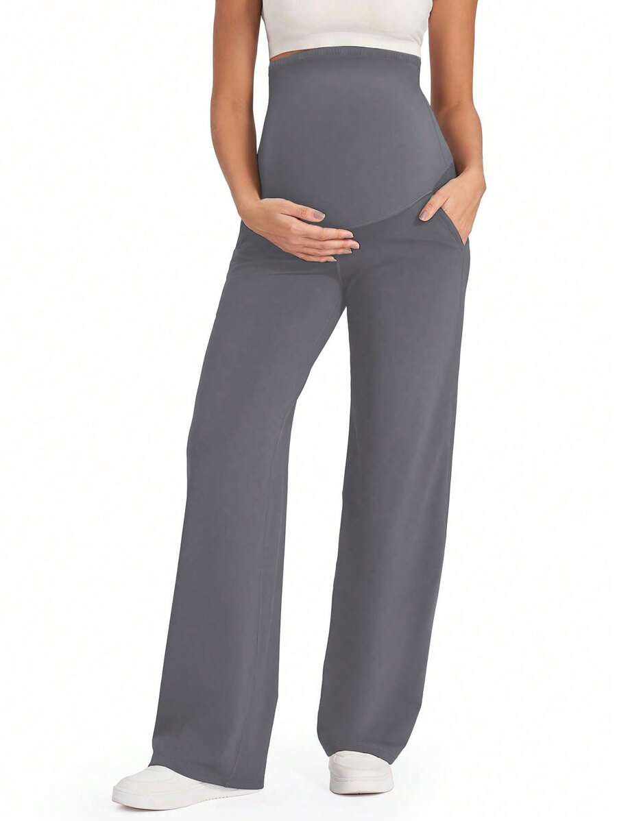 1 件孕妇高腰瑜伽裤，可调节腹部，松紧腰，休闲，宽松，带口袋，宽腿，适合日常穿着