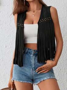 Chaleco de gamuza con borlas para mujer, estilo hippie de los años 70, sin mangas, con abertura frontal, chaqueta estilo western - Negro - Ver 3