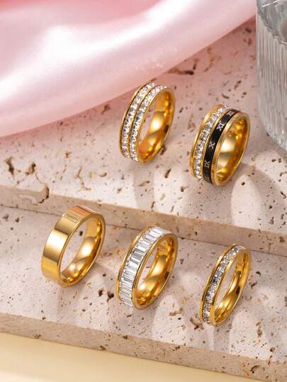 5 件时尚不锈钢全水钻旋转罗马数字装饰戒指套装，适合男女，日常使用，节日，约会，订婚，婚礼，旅行