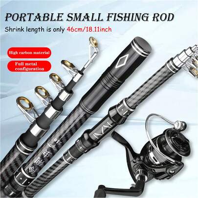 1.8米/2.1米/2.4米黑色伸缩鱼竿，小巧便携，碳纤维材质，金属线轮座，彩色陶瓷导环，适用于咸水和淡水，坚固耐用