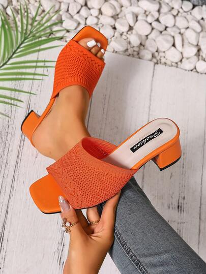 New Fresh Green Color Knitted Fabric Open Toe Wide Block Heel Design, Breathable Fashionable Ladies High Heel Sandals, Versatile And Casual First Choice For Women,Spring Summer Outfits