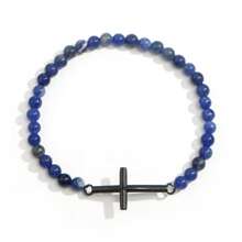 Bracciale da uomo con croce in metallo color acciaio, accessori metallici cool e hardcore con perline di calcedonio rosso cremisi lucido da 4 mm e pietre preziose