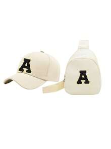 2件套A-Z字母棒球帽和包，适合男孩，时尚团队运动遮阳帽，带可调节肩带 - 旅行腰包斜挎包 - 米色 - 查看 5