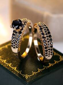 Vanel 1 Pair Luxury Cubic Zirconia Rings, 6-Prong Round Diamond Women Jewelry Gift For Date - Golden Yellow-black - View 2