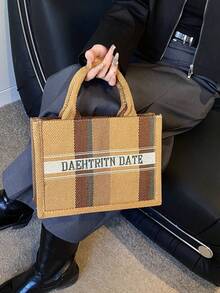 手提包女士方形单肩包，轻巧便携，撞色条纹装饰，经典休闲风格，字母装饰新款女士包 - 彩色 - 查看 1