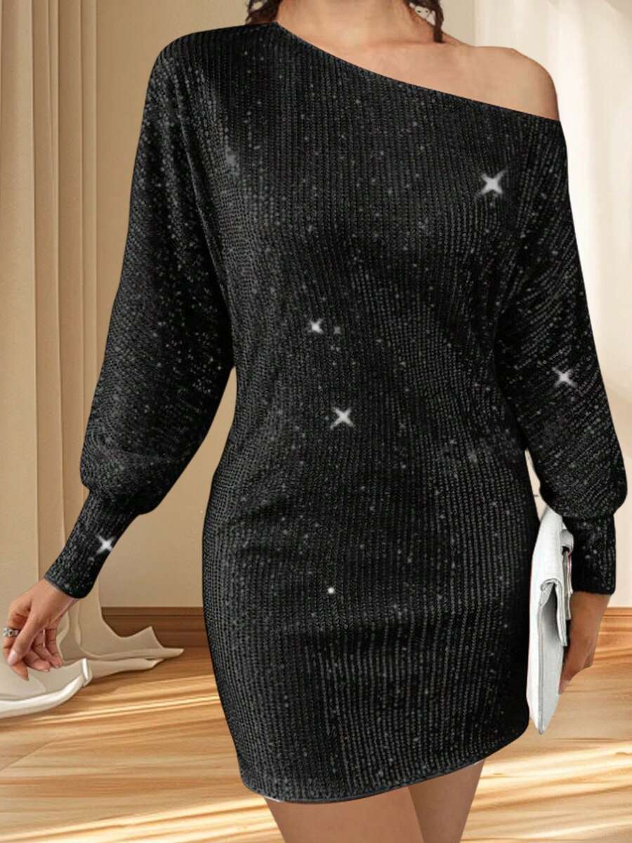 Women's Off One Shoulder Sequined Dress Slim Fit Stylish Sparkly Long Sleeve Mini Bodycon Dress - 黑色 - 查看 1