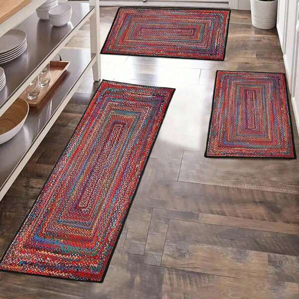 2pcs Bohemian Kitchen Rug Set, Non-Slip, Anti-Fatigue, Retro Directional Design, Polyester, Suitable For Home Decoration Kitchen, Dining Room, Bedroom And Other Scenes