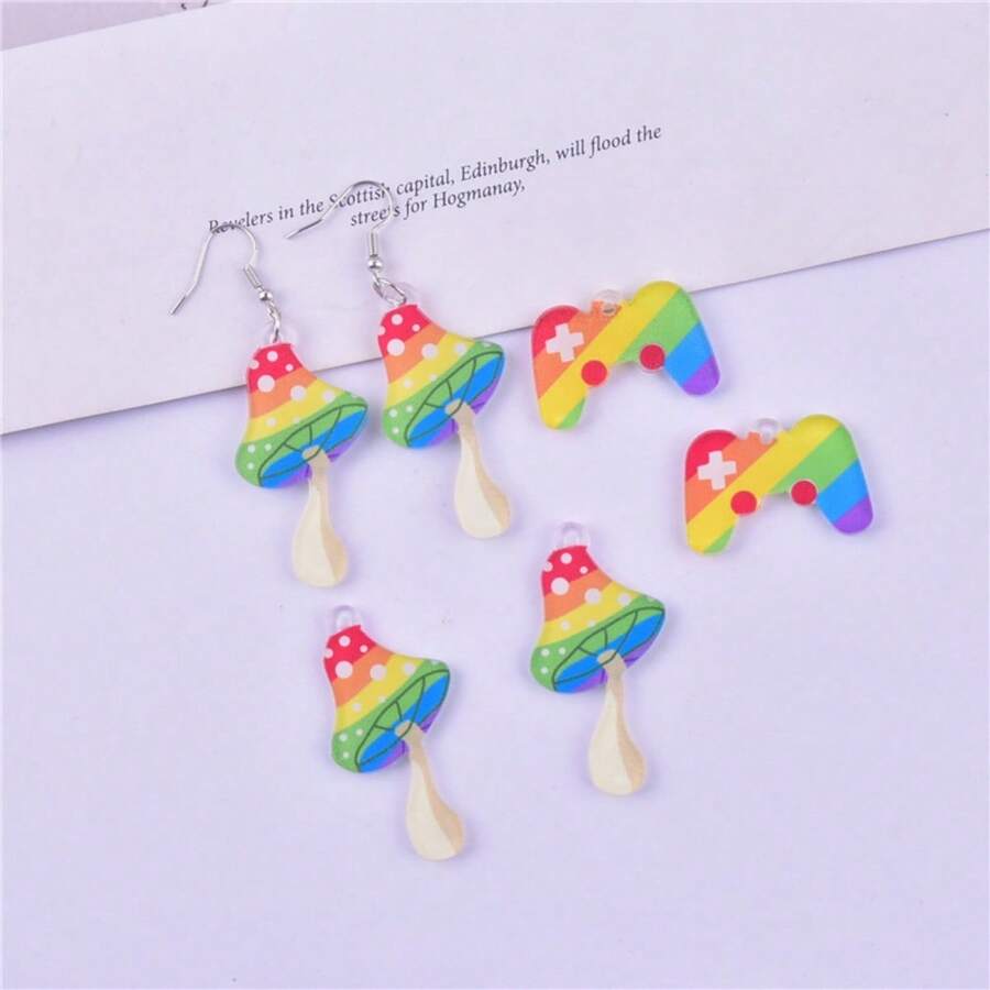 10 件彩虹蘑菇游戏机亚克力吊坠，适合 DIY 项链、手链、耳环、钥匙扣首饰制作