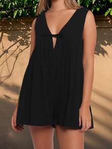 Women Tie Front Romper Dress Sleeveless V Neck Pleated Jumpsuit Shorts With Pockets Loose Summer Casual Playsuit - 黑色 - 查看 3