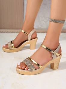 新款夏季女式高跟凉鞋，圆头厚底防水钻踝带厚底时尚金属色高跟角斗士鞋，适合正装、休闲装和走秀 - 金色 - 查看 2