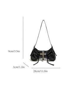 Fashionable Classic Versatile Street Style Y2k Rivet Inlaid Design Spicy Girl Bag, Zipper Opening Motorcycle Style Single Shoulder Baguette Bag, Suitable For Travel, Shopping, Matching With Clothing, Party And Party Use - Black - View 7
