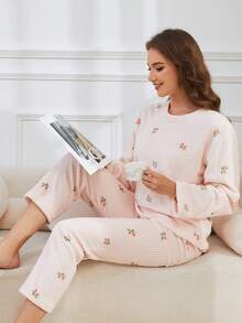 2 piezas Conjunto de pijama de franela con cordón, estampado, esponjoso y grueso. Top de manga larga y pantalón largo de estilo minimalista y de moda, adecuado para usar dentro y fuera, otoño/invierno, ropa de otoño, acogedor - Rosa - Ver 3