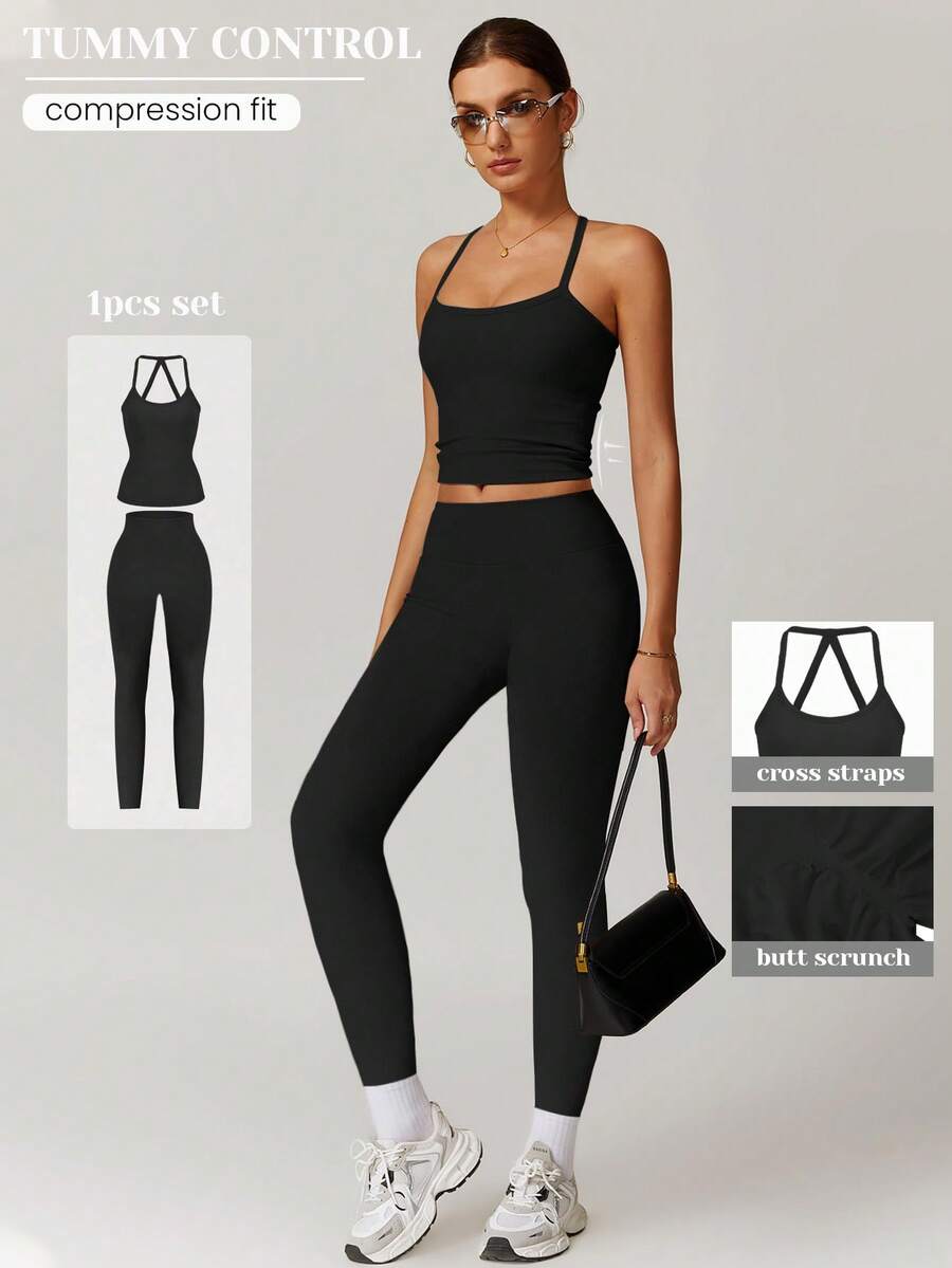 VVX Women's 2 Piece Outfits Casual Sets Ruched Camisole Tops And High Waisted Shorts/Pants Leggings Tracksuit Sets - 黑色 - 查看 1
