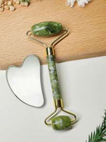 Set de 1/3 piezas de rodillo de jade y raspador Gua Sha, rodillo facial de masaje con herramienta de raspado Gua Sha, masajeador de piedra de jade para anti-envejecimiento, adelgazamiento y firming, rejuvenecer rostro y cuello, eliminar arrugas y bolsas en los ojos, raspador Gua Sha de acero inoxidable