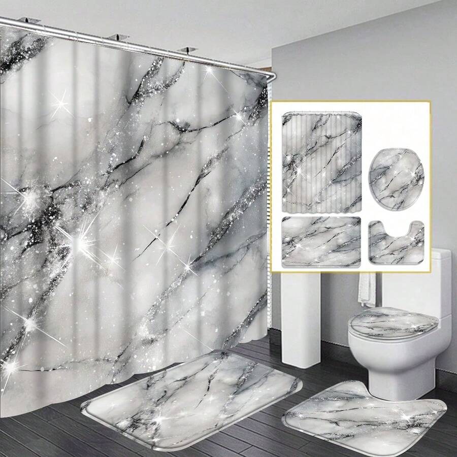 4pcs Black Split Curtain Shower Curtain Trim, Beautiful Housewarming Gift Modern Home Decor, Waterproof Shower Curtain And Toilet Floor Mat Three-Piece Set With 12 Shower Curtain Hooks Home Bathroom Decor Summer Bathroom Accessories Back To School - 彩色 - 查看 1