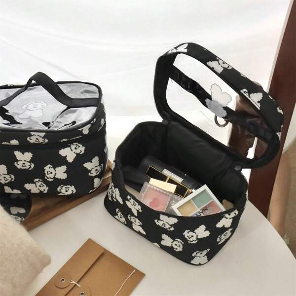 1pc Black Puppy Portable Women's Cosmetic Bag, Beauty Storage Handbag, Cosmetic Storage Bag Suitable For Women, Skin Care Product Storage Bag, Portable Travel Beauty Storage Bag, Toiletries Storage Bag, For Eyeshadow Disc, Liquid Foundation, Eye Cream, Suitable For Party Vacation, Wedding Makeup, Pool And Beach Use