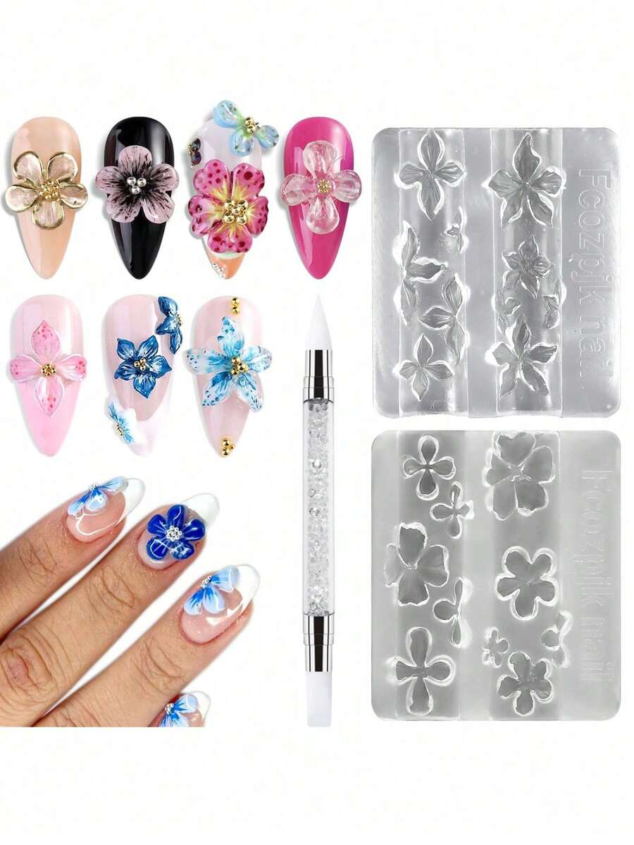 2件套3D立体花卉美甲模具，硅胶材质，带雕刻笔、透明美甲模板、莲花和樱花图案模具，树脂环氧树脂专业用品 - 彩色 - 查看 1