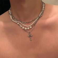 1pc Multi-Layer Pearl Necklace, Delicate Collarbone Chain, Unisex Niche Design Hiphop Couple Sweater Chain - Silver - View 2