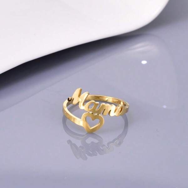 1 Peça Anel em Formato de Coração "Mamãe" Banhado a Ouro 18K em Aço Inoxidável, Presente para Mulheres e Dia das Mães