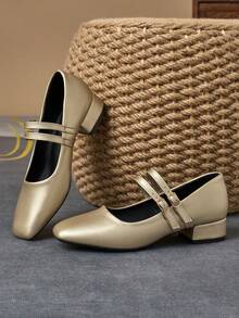 MonaNise 女士3厘米布面包跟黑色时尚百搭玛丽珍低跟粗跟优雅平底鞋，另有藏蓝色、咖啡色、酒红色可选 - 金色 - 查看 2