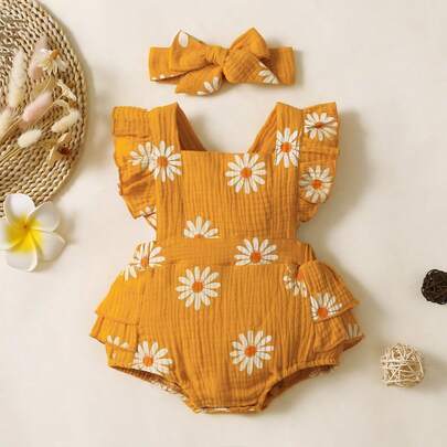 PP 100% Cotton 2pcs Daisy Print Crepe Fabric Baby Romper Set