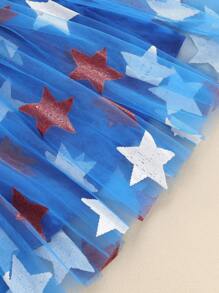 Girl 4th Of July Outfits, Letter Embroidery Round Neck Short Sleeve Tops Star Print Mesh Skirt Toddler Summer Set - 藍色 - 查看 5