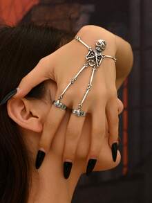 1pc Vintage Gothic Punk Skull Bone Fingerless Bracelet, Fashionable & Unique For Halloween - Antique Silver - View 1