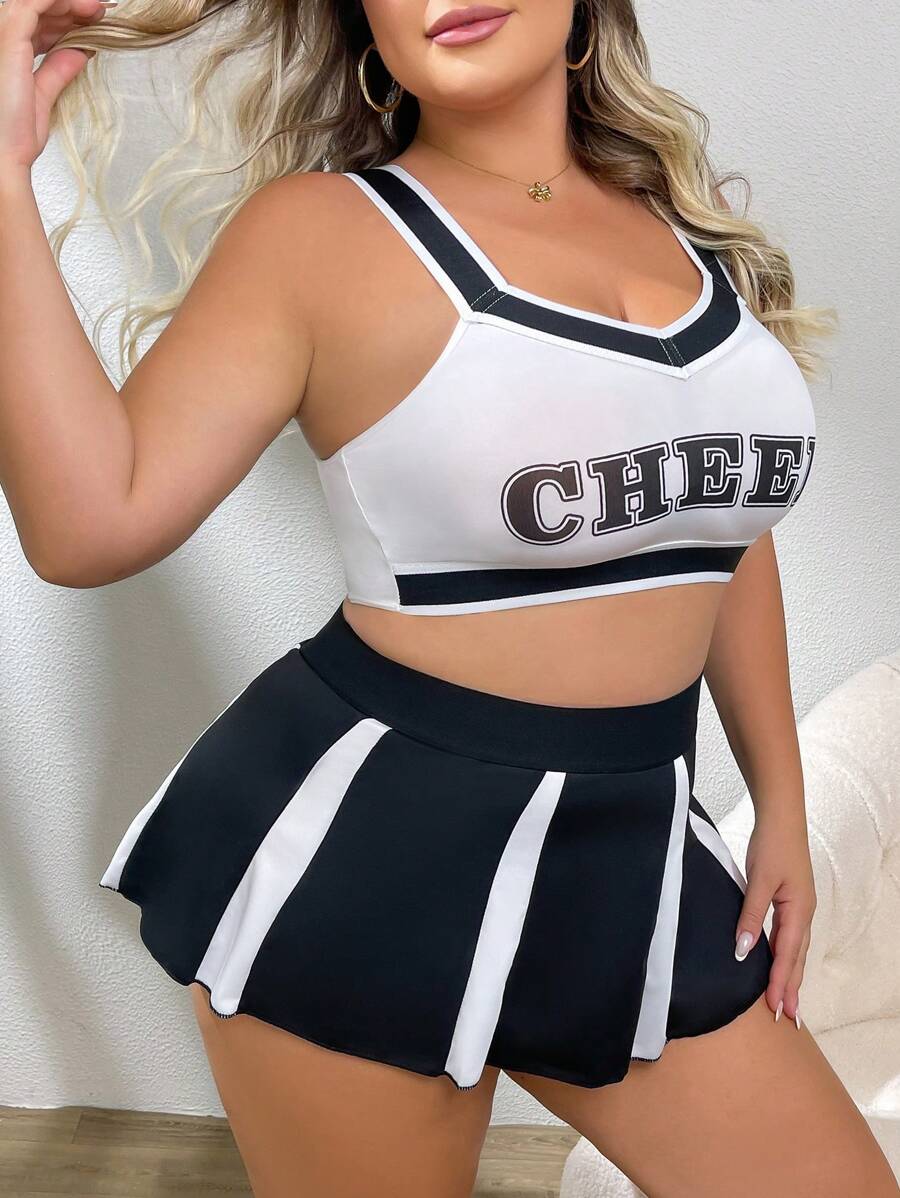 Cheerleader Uniform Seductive Print Bra And Mini Skirt Set - Black and White - View 1