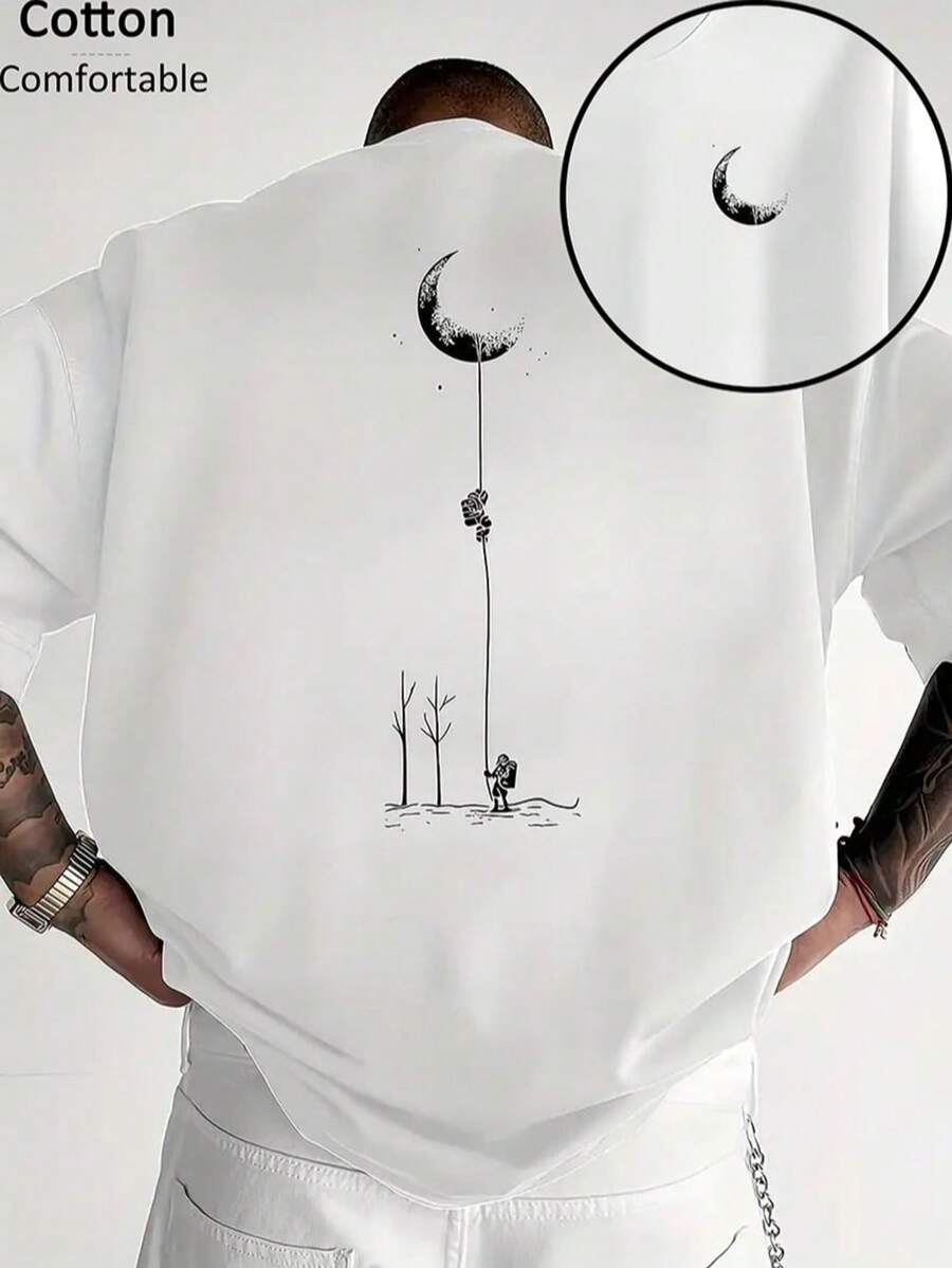 罗纹100%纯棉男女通用T恤，月亮和宇航员卡通图案，时尚舒适柔软，适合春夏及所有季节，男女通用短袖上衣 - 白色 - 查看 1