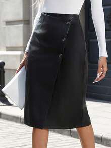Mobula Sound 高腰不对称纽扣 PU 皮革优雅性感休闲半身裙，春夏黑色 - 黑色 - 查看 1