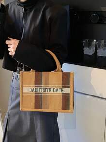 手提包女士方形单肩包，轻巧便携，撞色条纹装饰，经典休闲风格，字母装饰新款女士包 - 彩色 - 查看 4