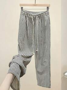 直筒条纹休闲裤，松紧腰带，带口袋，抽绳收口，适合办公室、商务、度假、日常穿着、上学、旅行等场合，春季新款 - 黑與白 - 查看 3