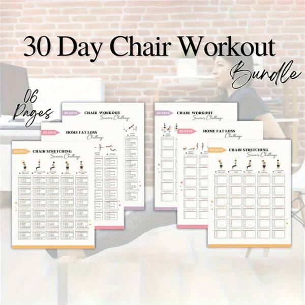 Juego de pósteres de ejercicios en silla de 30 días, guía de yoga en silla, guía de ejercicios de Body completo, desafío de ejercicios en silla, rutina de quema de grasa en casa, rutina de fitness de verano, estiramiento en silla, juego de 6 piezas, diseño sin marco, 8x10 pulgadas, patrón plano 2D, material de papel, para accesorios de gimnasio en casa, aula, hogar, dormitorio, estudio, sala de yoga, regalo de Navidad, Acción de Gracias, adecuado para amantes del yoga, para útiles escolares, vuelta al cole