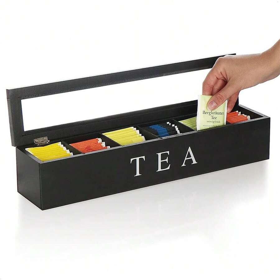 Tea Bag Holder With 6 Compartments, Wooden Spice Organizer For Coffee Stations, Storage Basket For Tea Cans And Sugar Packets For Drawers, Shelves And Countertops - 黑色 - 查看 1