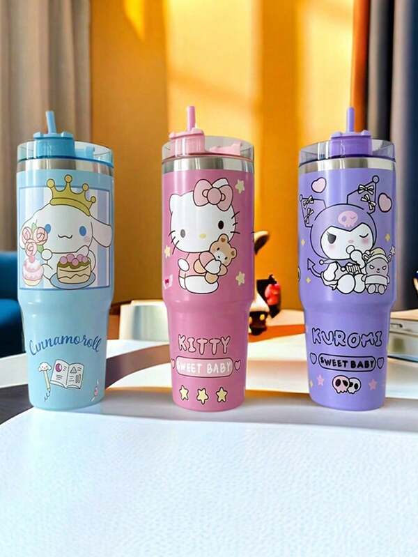 Sanrio 1 pièce Bouteille d'eau Hello chat Kuromi Cinnamoroll en acier inoxydable 304 avec isolation sous vide. Tasses à boissons pour l'été et l'hiver, accessoires de voyage, cadeaux (certaines pièces peuvent être aléatoires)
