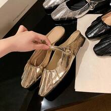 Square-Toed Pleated Women's Flat Single Shoes, Insoled Height-Increasing Single Shoes, Closed-Toe Half Slippers