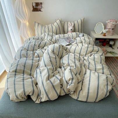 Bộ 3 vỏ chăn sọc cổ điển 100% Polyester, 2 vỏ gối + 1 vỏ chăn (Không có ga trải giường)
