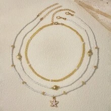 3 件套夏季海滩度假项链套装，配有海星和贝壳形吊坠和种子珠 - 优雅闪亮珠宝项链 | 项链日常珠宝 | 圣诞节/生日礼物 | 女士项链 | 派对/毕业/网球项链/万圣节/周五礼物/智能戒指/获取我的每日礼物/假鼻环