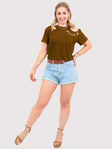 Cropped Blouse With Off-The-Shoulder Cutout, Shoulder Opening, With A Localized Print, Love Viscolycra, Asymmetrical, Blogger - Rust Brown - View 6