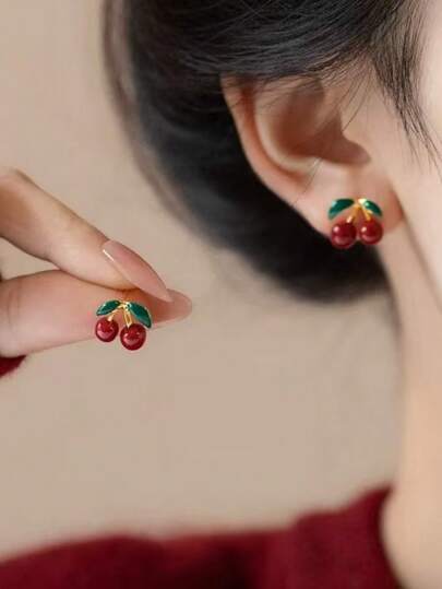 1 Pair Cute Cherry Pattern Earrings, Sweet Red Color Studs, Student Daily Casual Wear Jewelry For Women