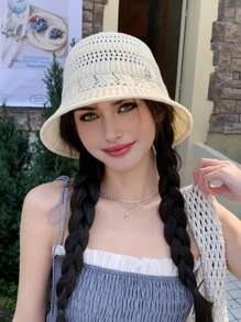 1pc Women Solid Color Knitted Hollow Out Bucket Hat, Simple Fashion Versatile Summer Breathable Sun-Shading Cap, Face Slimming Bucket Hat